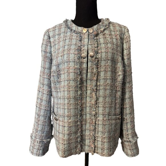 Ann Klein Tweed Double Breasted Blazer Jacket 14 Preppy Blue Pink Multi Metallic - Picture 5 of 16